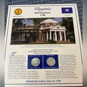 Virginia State Coin Quarter Stamps Card Historical Geographical Ltd Mint
